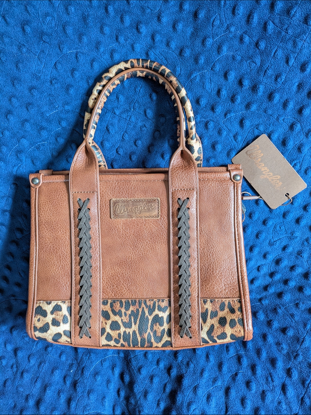 Wrangler Brown Leopard Accent Leather Tote Bag with Conceal Carry